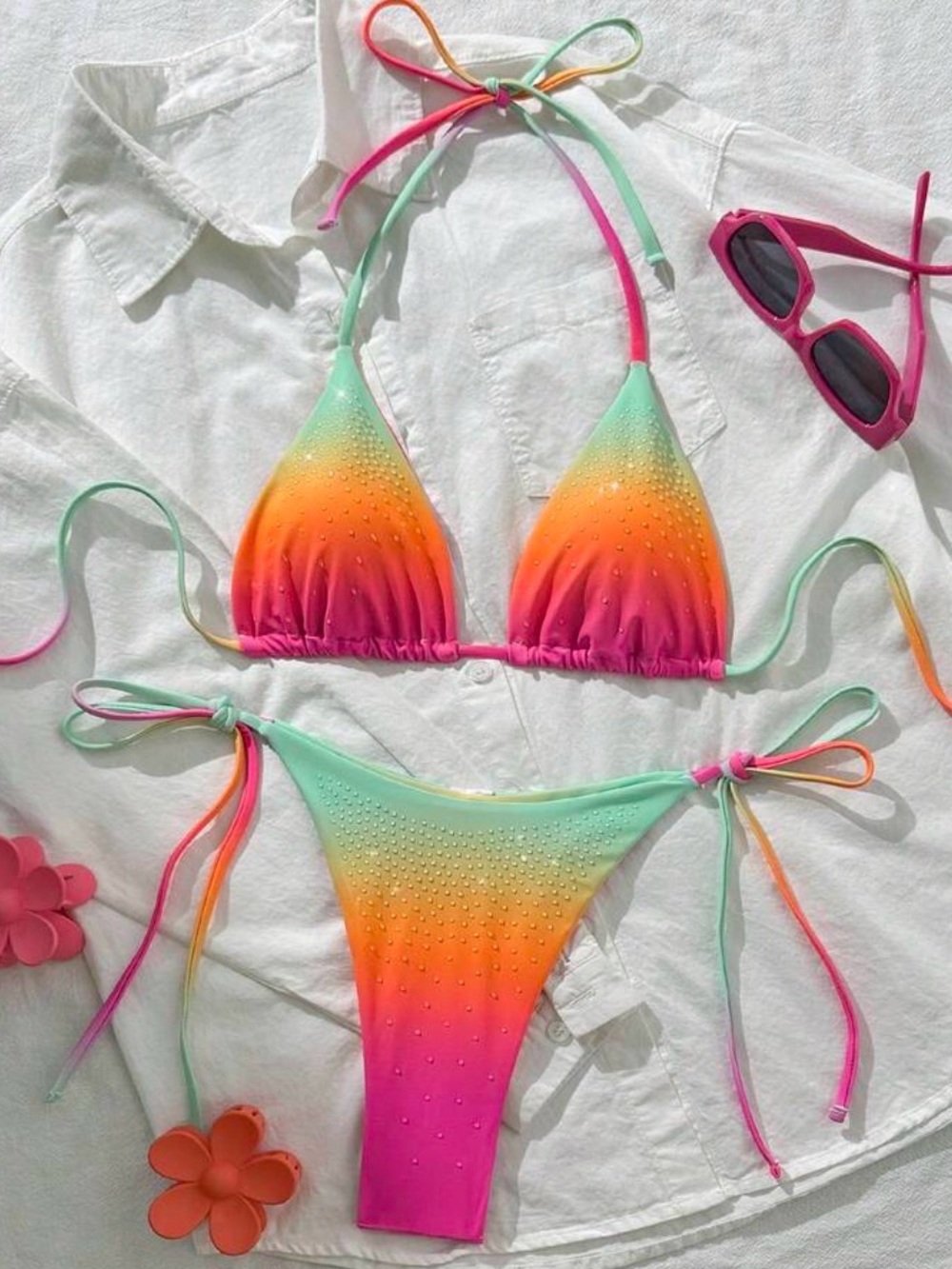 2pcs Colorful Halter Bikini Set 3D Rhinestones Small
